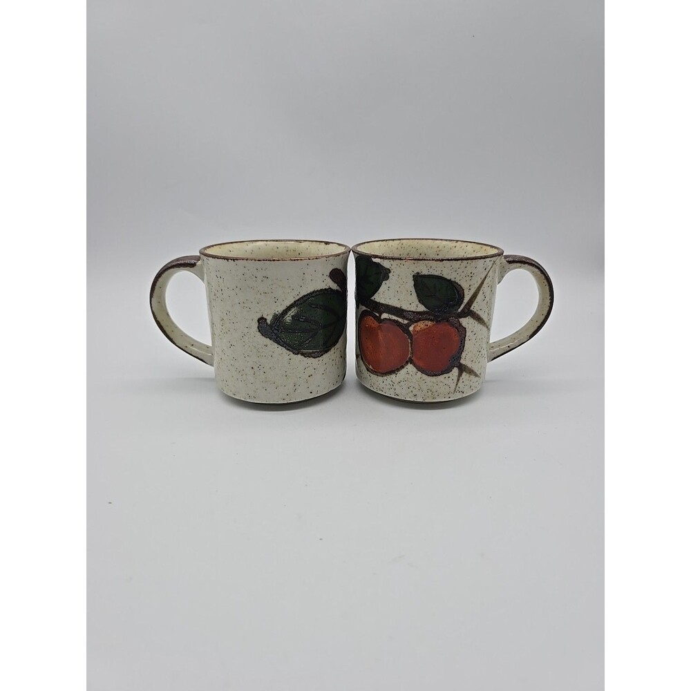 Vintage Pair of Otagiri Japan Speckled Stoneware Mugs Apple Branch Pattern